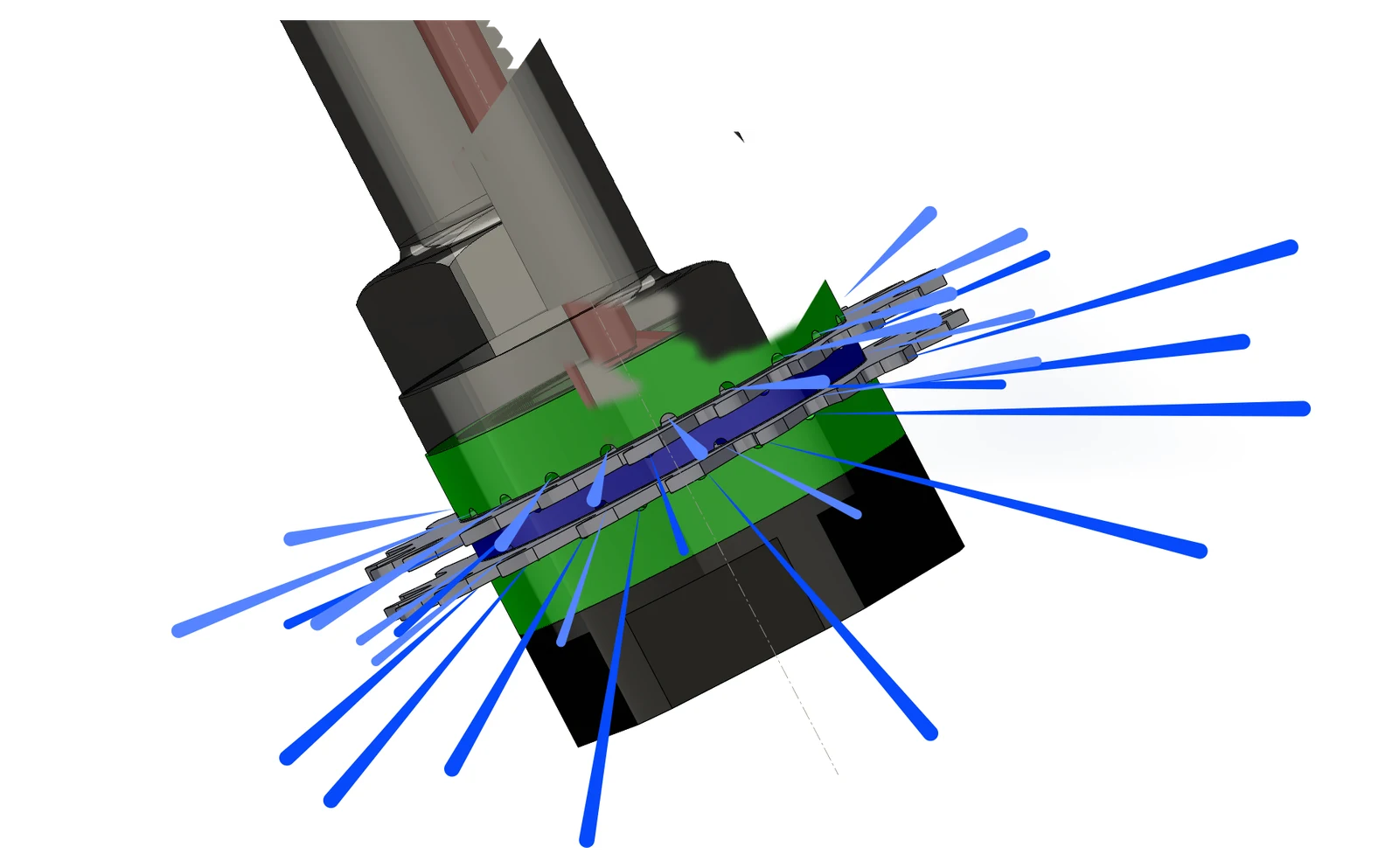 Cutaway rendering of an NAB-TC thru-coolant saw arbor spraying coolant radially through the flange channels at the saw